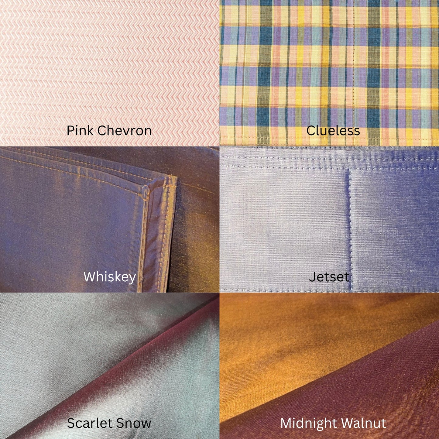 pink chevron,clueless,whiskey,jetset,scarlt snow,midnight walnut